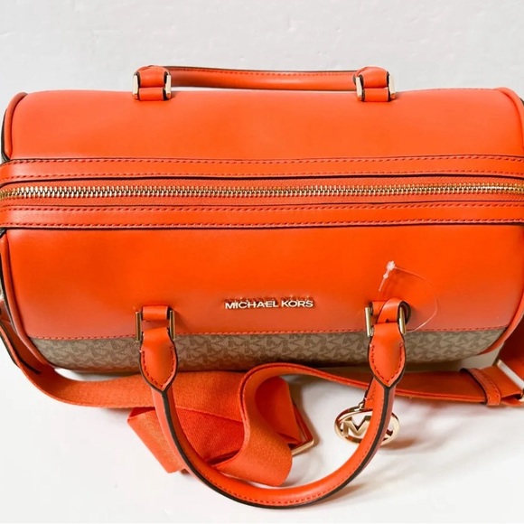 Michael Kors MK Jet Set Travel Medium Duffle Bag Satchel Poppy Orange Sand MK - Picture 8 of 14